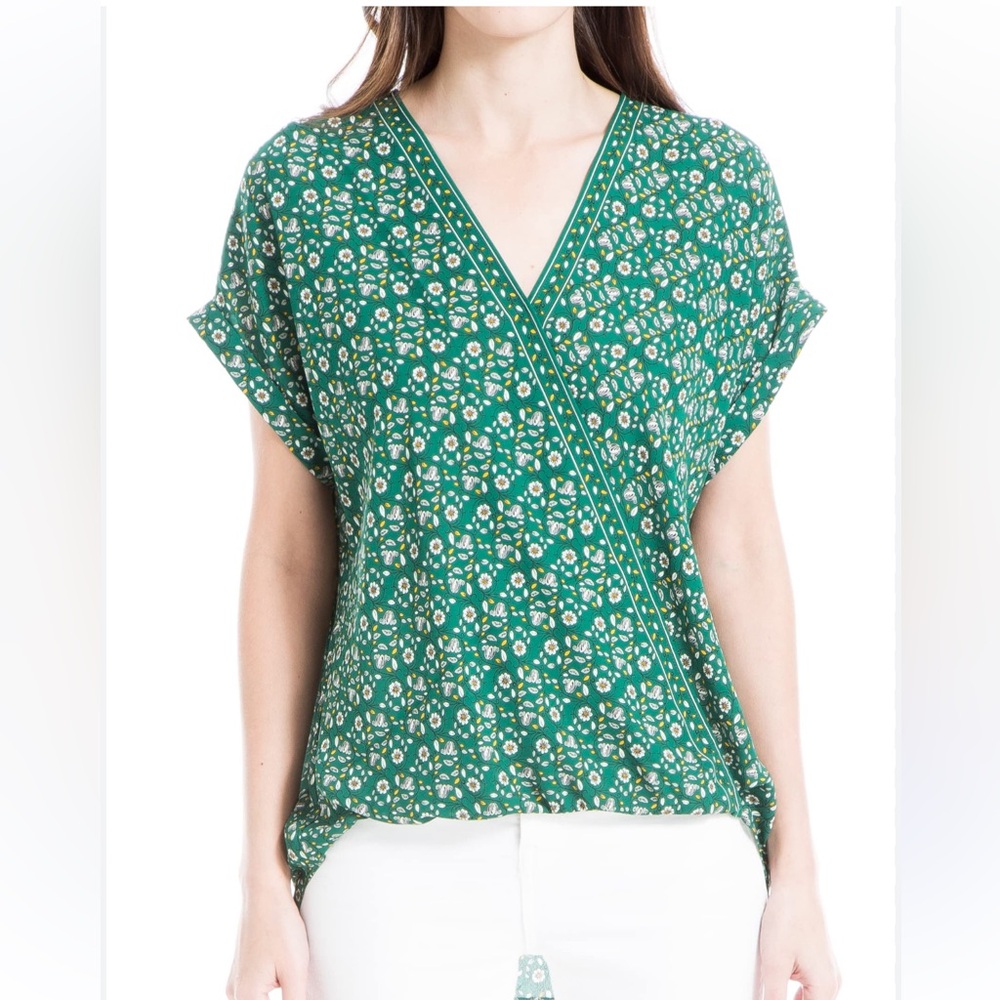 Max Studio Green Wrap Blouse Short Sleeve Relaxed #134